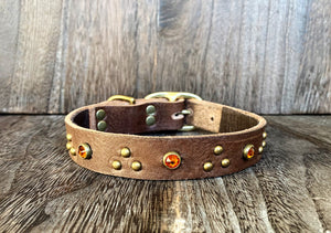 Leather Dog Collar - Triangle and Gems - Antique Brass and Amber Crystal
