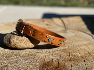 Handmade Leather Collar- light tan with turquoise accents
