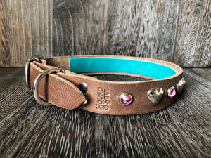 LOVE Leather Collar - Hearts and Gems