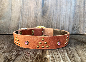 Leather Dog Collar - Triangle and Gems - Antique Brass and Pink Crystal