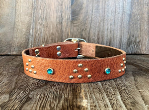 Leather Dog Collar - Triangle and Gems - Nickel and Teal Crystal