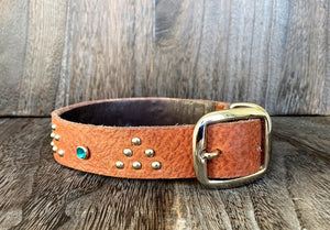 Leather Dog Collar - Triangle and Gems - Nickel and Teal Crystal
