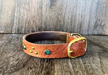Leather Dog Collar - Triangle and Gems - Antique Brass and Teal Crystal