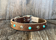 Leather Dog Collar - Turquoise and Nickel